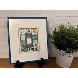 Framed Matted Completed Cross Stitch Country Blue Country Woman W/Goose Welcome